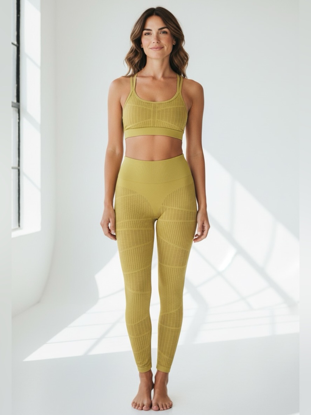 Fabletics Set Seamless Jacquard Legging & Sports Bra Top Yellow Mustard NWT